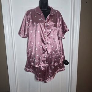 Heart-Print Satin Short Pajama Set in Dusty Rose